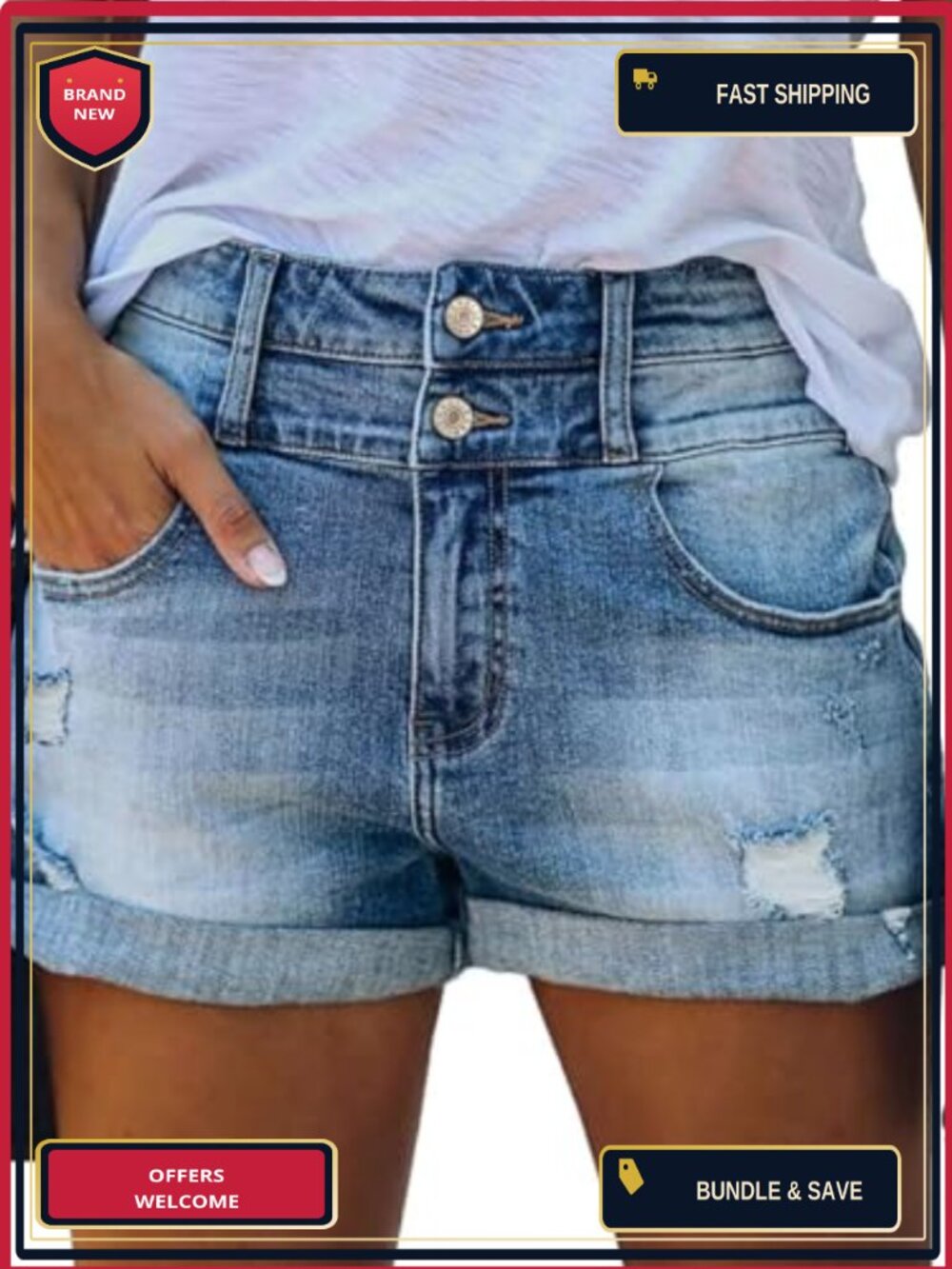 Mid Rise Distressed Ripped Denim Shorts Folded Hem 5 Pockets Stretch Cotton